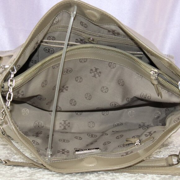 Tory Burch Patent Leather Chain Strap Tote Taupe Beige NWOT - Picture 5 of 14